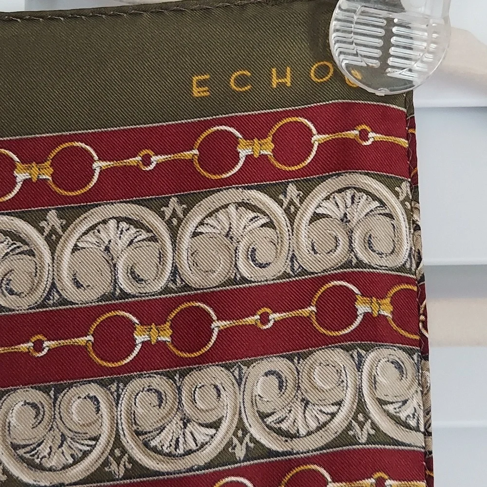 Echo Scarf, Silk, Oblong,‎ Burgundy and Tan, Horsebit, Arches Design, Vintage